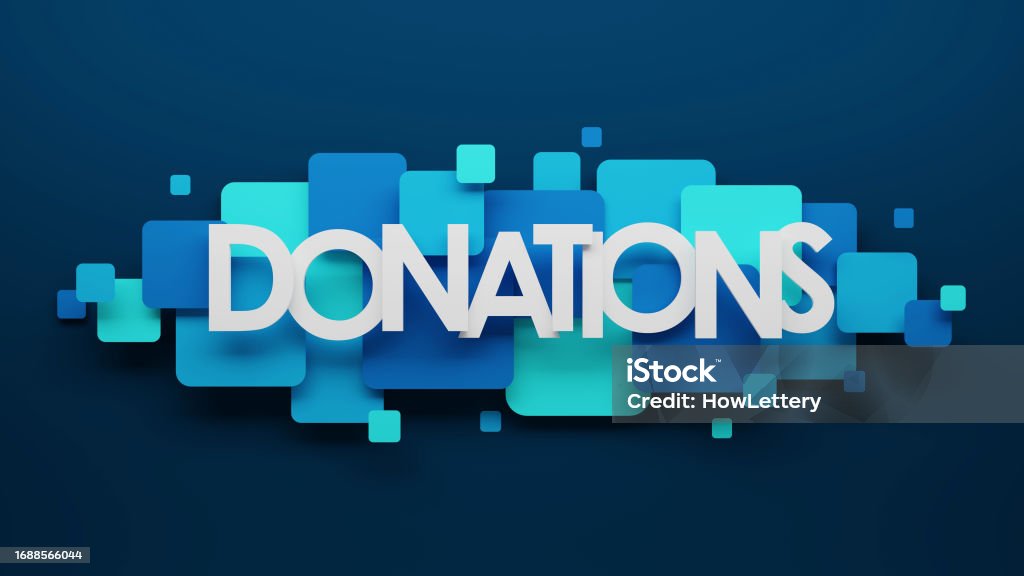 DONATIONS blue typography banner DONATIONS typography banner with blue squares on dark blue background Sharing Stock Photo