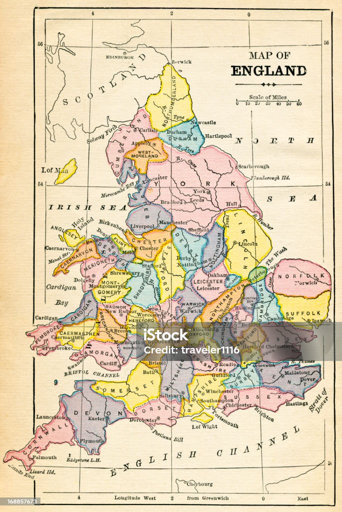 Mapa da Inglaterra de 1883 - Ilustração de Alto contraste royalty-free