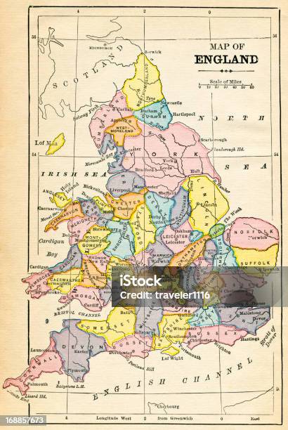 Map Of England From 1883 Stock Illustration - Download Image Now - 19th Century, 19th Century Style, Ancient