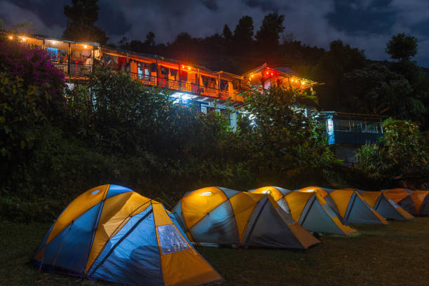 wigwams against the sunset sky. A hause. camping concept. glamping