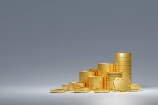 Stacks of shiny coins isolated on gray background. Shiny golden coins in stacks. Finance, investment and savings concept. 3D Money cash bank. cash prize, starting capital, 3d illustration