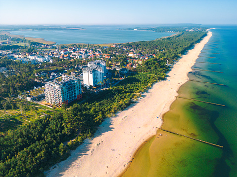 Aerial view of Dziwnówek town with Baltic Sea Poland