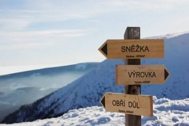 Tourist Signpost near the top of the Highest Mountain - Snezka, Krkonose Mountains, Czech Republic