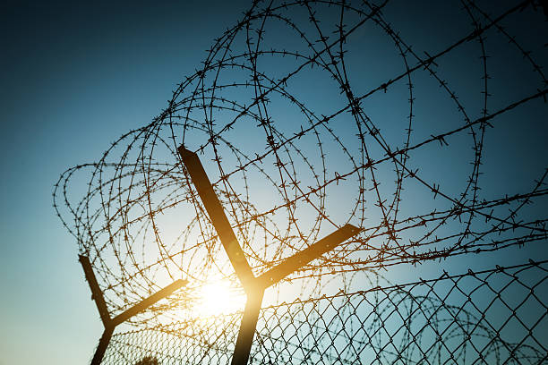 alambradas de púas en prisión - barbed wire fotografías e imágenes de stock