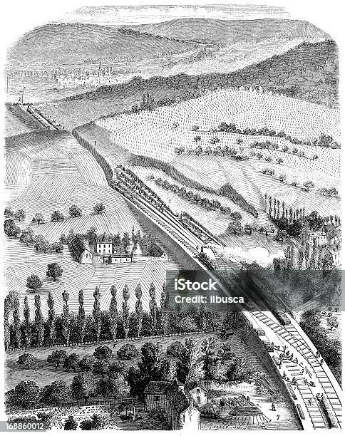 Античный Иллюстрация Поезда И Железные Дороги Мосты Строительства — стоковая векторная графика и другие изображения на тему Перила