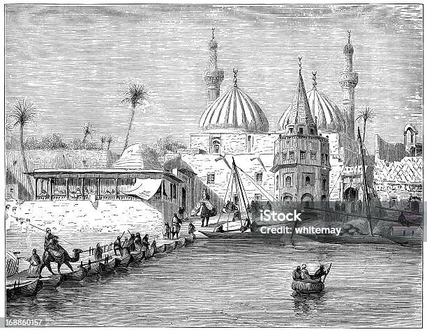 浮き桟橋でのボートバグダード1882 彫り込み - バグダッドのベクターアート素材や画像を多数ご用意 - バグダッド, 大昔の, 舟橋