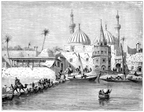 A pontoon bridge of boats connecting two parts of Baghdad, now in Iraq. Illustration from 