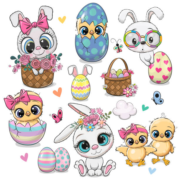 set mit weißen kaninchen und niedlichen cartoon-hühnern - baby chicken eggs young bird easter stock-grafiken, -clipart, -cartoons und -symbole