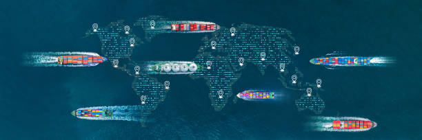 AI Cargo ship technology. Global Logistics international delivery concept, World map logistics and supply chain network distribution container Ship running for export import to customs ocean concept transportation