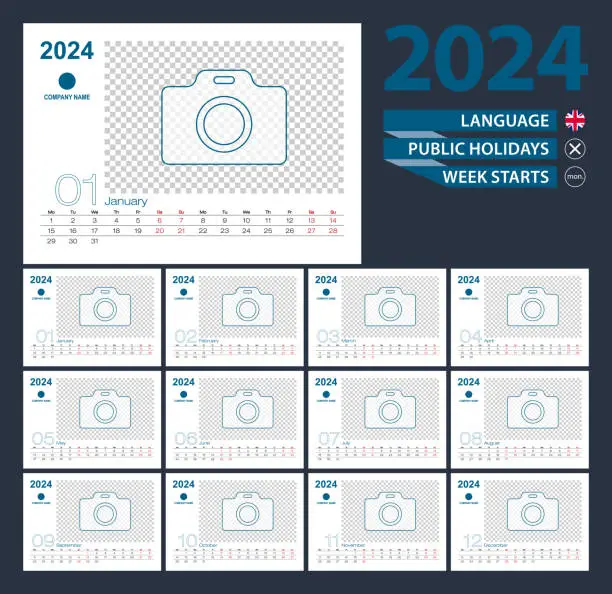 Vector illustration of Desk calendar 2024, 2 week grid in English. Place for photo for illustration.