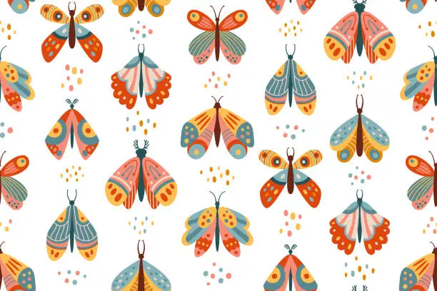 Vector illustration of Butterfly moth ethnic mystical boho seamless retro pattern insects boundless wallpaper template