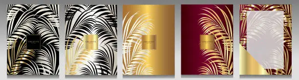 Vector illustration of Luxury tropical cover set. Golden and white palm leaves, metallic effect on black, white, gold and red background.