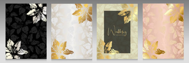 Set of elegant floral covers. Luxurious pattern with golden orchids. Vector backgrounds, botanical style collection. Set of elegant floral covers. Luxurious pattern with golden orchids. Vector backgrounds, botanical style collection. anniversary card stock illustrations