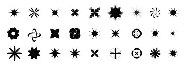 Vector illustration of Sparkle, starburst, twinkle, star burst, sunray, sunbeam and sunburst icons set. Y2K design element.