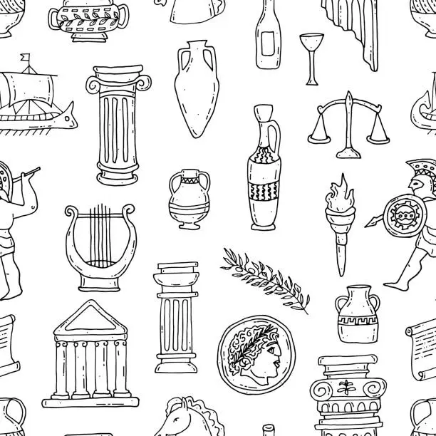 Vector illustration of Antique column, vases, harp, olive branch, coin, architecture, scales, warrior. Ancient Greek style. Pattern. Seamless. Doodle. Vector illustration. Hand drawn. Outline