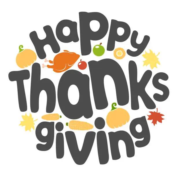 Vector illustration of Happy Thanksgiving text with pumpkin, turkey, and corn silhouettes on a white.