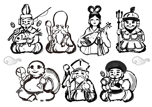 七福神の手描き和風イラスト - 七福神のベクターアート素材や画像を多数ご用意 - 七福神, 単色画, 七福神 えびす - iStock