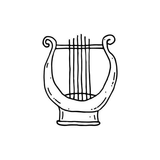 Vector illustration of Ancient harp, drenegreek style. Lyre is a plucked string musical instrument. Doodle. Hand drawn. Vector illustration. Outline.