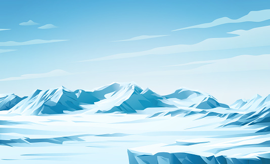 Vector illustration of an snowy arctic landscape with mountains, glaciers and icy plains under a bright blue cloudy sky.
