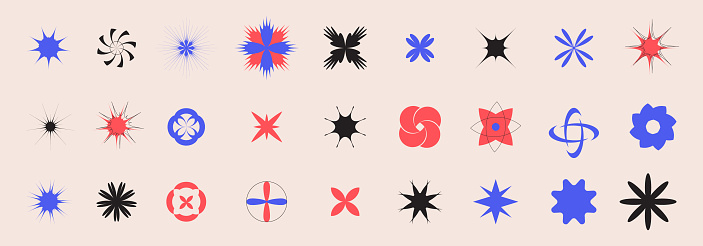 Sparkle, starburst, twinkle, star burst, sunray, sunbeam and sunburst icons set in blue and pink colours. Y2K design element.