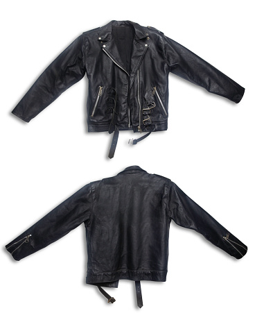 Classic black leather bikers' jacket. Outdoor Clothing for Travel. Black stylish vintage leather Jacket ziper front and the back isolated on white background With clipping path. Fashion black clothes.