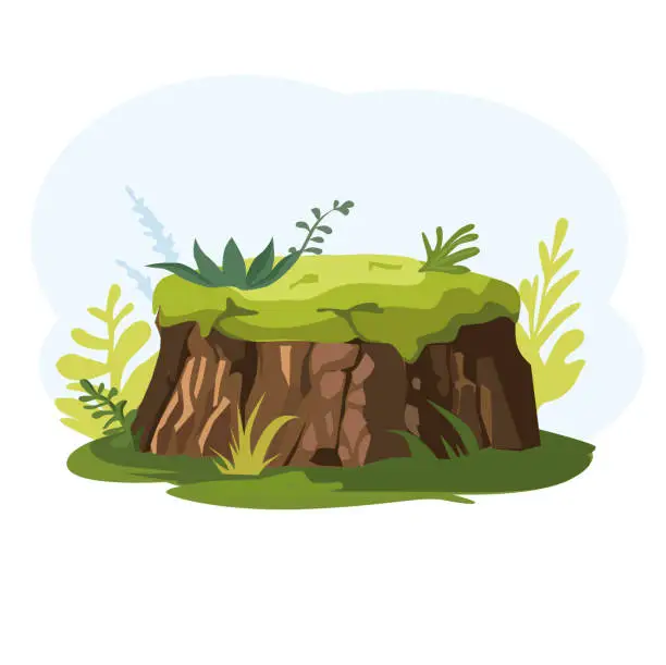 Vector illustration of A stump covered with moss against a background of plants