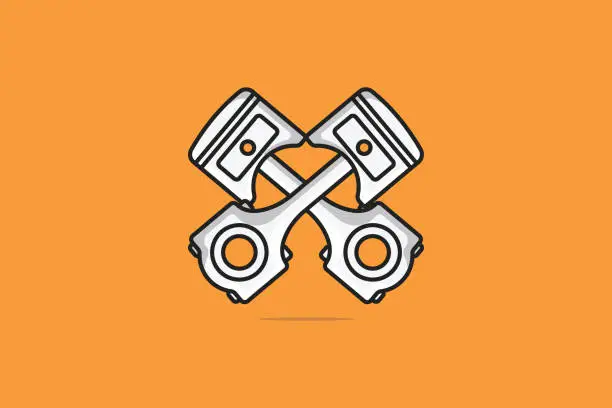 Vector illustration of Motorcycle Pistons with Rods in cross sign vector illustration. Motorbike engine object icon concept. Spare parts for motorcycle and Car vector design with shadow on orange background.