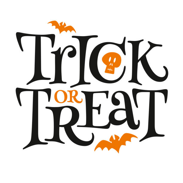 Trick or treat. Happy Halloween poster, greeting card, print or banner with hand drawn lettering, bat and skull. Stock illustration