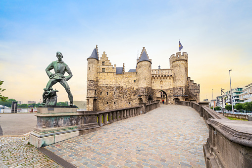Antwerp, Belgium - June 29, 2023: General view of the Het Steen medieval fortress in the old city centre of Antwerp, Belgium