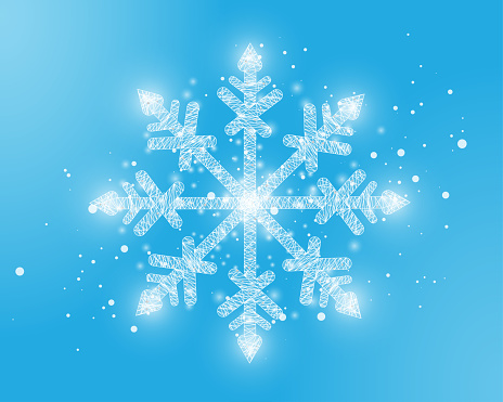 Snowflake, wireframe low poly style design. Merry Christmas and New Year concept. Wireframe glowing low poly design on a blue background. Abstract futuristic vector illustration.