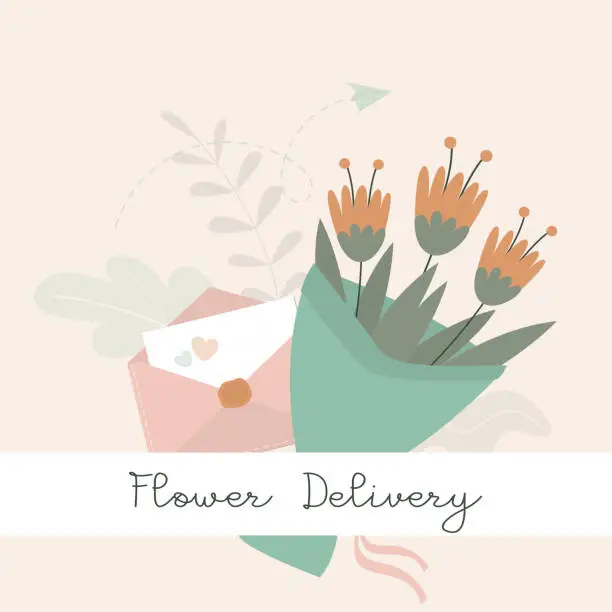 Vector illustration of Fast flower delivery, bouquet and craft paper envelope to recipient. Online delivery service, landing page. Greeting card, poster template.