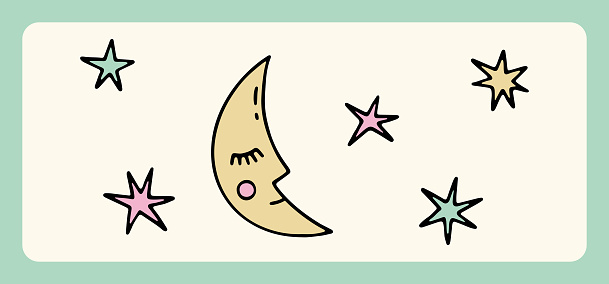 Hand drawn cartoon Halloween moon and stars. Cute vector elements for Halloween design, prints, poster. Charming festive illustration. Colored spooky elements. Flat art. Trick or Treat concept