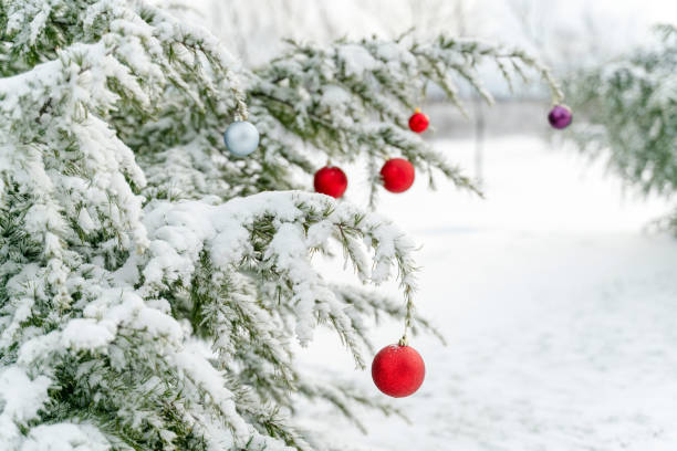 istock Christmas tree covered by snow with ball ornaments 1688748345