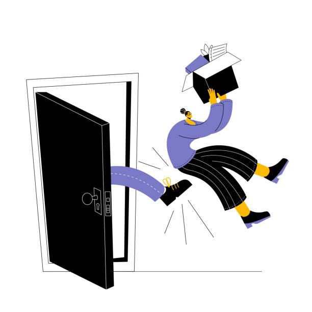 ilustraciones, imágenes clip art, dibujos animados e iconos de stock de una chica con una caja de cosas es expulsada del trabajo. - girl pateando desesperado
