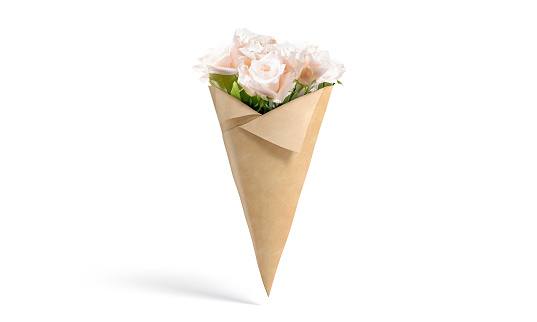 Blank craft flowers packaging cone wrap mockup, front view, 3d rendering. Empty bworn paper wrapping for decorative flower bouquet mock up, isolated. Clear handmade plant bunch template.