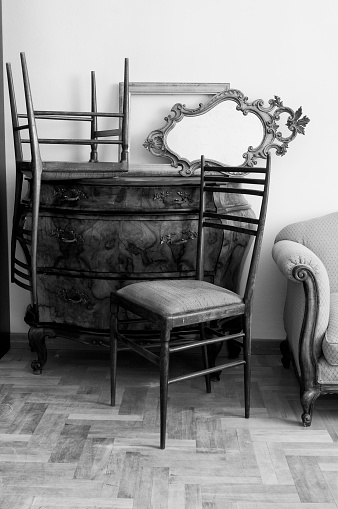 Vintage Furniture in Antique Shop. Tuscany, Italy.