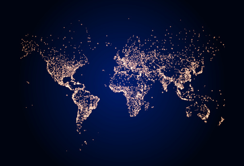 Earth night map. Vector illustration of cities lights from space