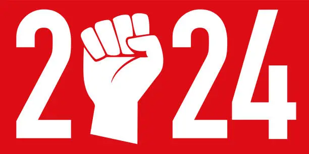 Vector illustration of Greeting card 2024 with social conflict concept, presenting raised fist symbol on red background.