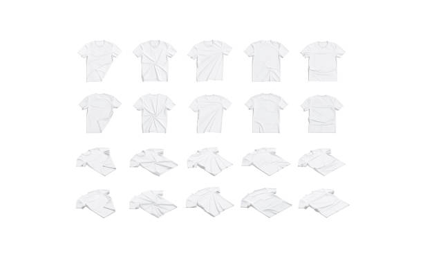 White shirt mockup isolated - pleated, wrinkled t-shirt on white background top view closeup