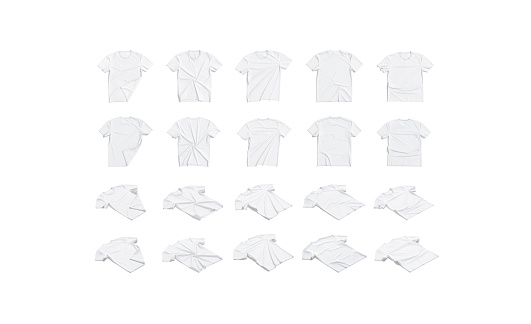 Blank white t-shirt flat lay mockup, different types and views, 3d rendering. Empty crumpled and folded jersey tshirt outfit mock up, isolated. Clear textile undervest casual garment template.
