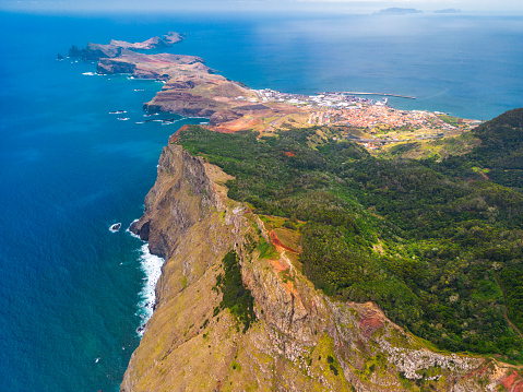 Aerial view of Red rocks, Canical town and  Ponta de Sao Lourenco peninsula in Madeira Portugal