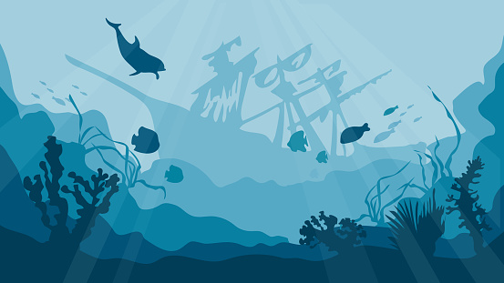 Silhouette of a coral reef with fish and a shipwreck at the bottom in the blue sea. Underwater landscape, sea or ocean undersea with ship wrecks, vector silhouette background.
