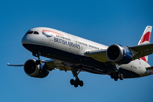 Close up of British Airways Boeing 787-8 Dreamliner on approach to London Heathrow Airport on a beautiful sunny day.