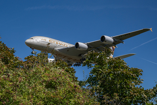 Etihad Airways Airbus A380-861 flies low over the trees.