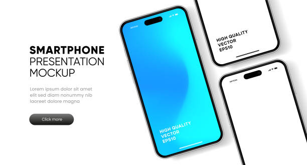 stockillustraties, clipart, cartoons en iconen met 3d realistic high quality smartphone mockup with isolated background. smart phone mockup collection. device front view. 3d mobile phone with shadow on white background. - schermen van smartphones tablets en apps