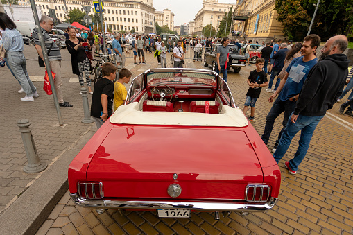 Sofia, Bulgaria - September 17, 2023: Autumn Retro Parade of Old or Vintage Cars, Retro Car Ford Mustang convertible 1966