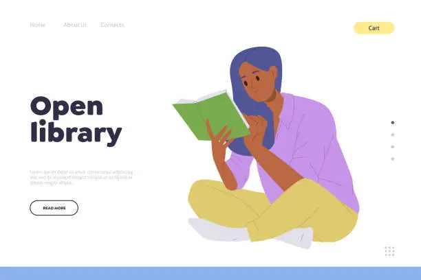 Vector illustration of Open library online service with free access landing page design template vector illustration
