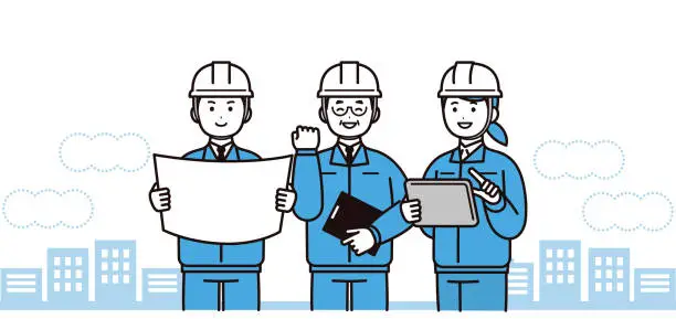 Vector illustration of A team of three smiling men and women in helmets and work clothes smiling in the city.