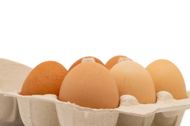 Cardboard egg box with six organic chicken eggs isolated on white background with copy space. Side view.