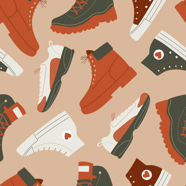 bezszwowy wzór z butami do spędzania wolnego czasu - shoe boot pattern canvas shoe stock illustrations